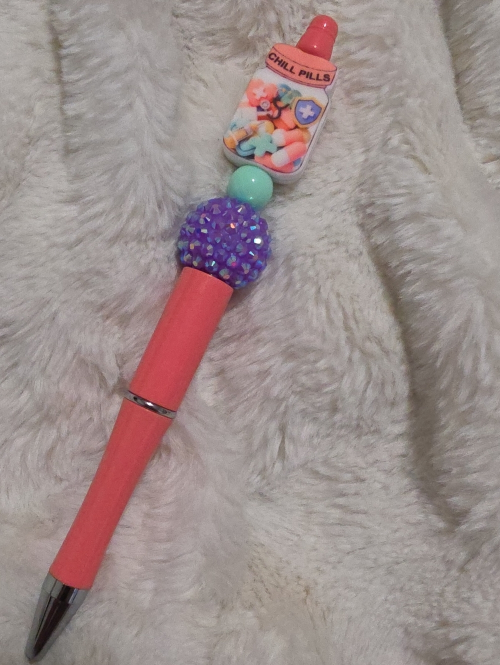 Chill Pills Pink Novelty Pen with Purple Gem and Mint Accent